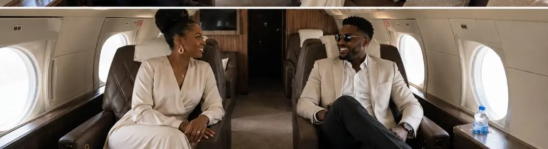 Passengers in formal attire aboard a private jet cabin