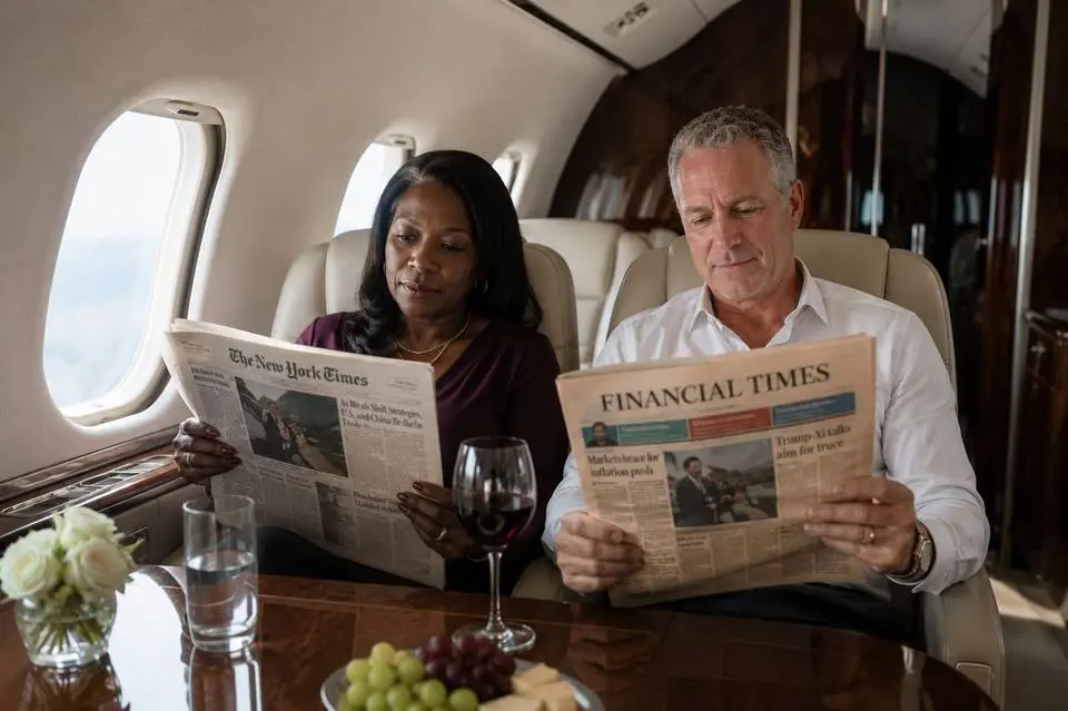 Executives reading business newspapers aboard a private jet