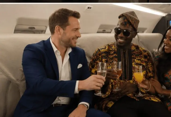 Friends toasting champagne aboard a private jet during leisure travel